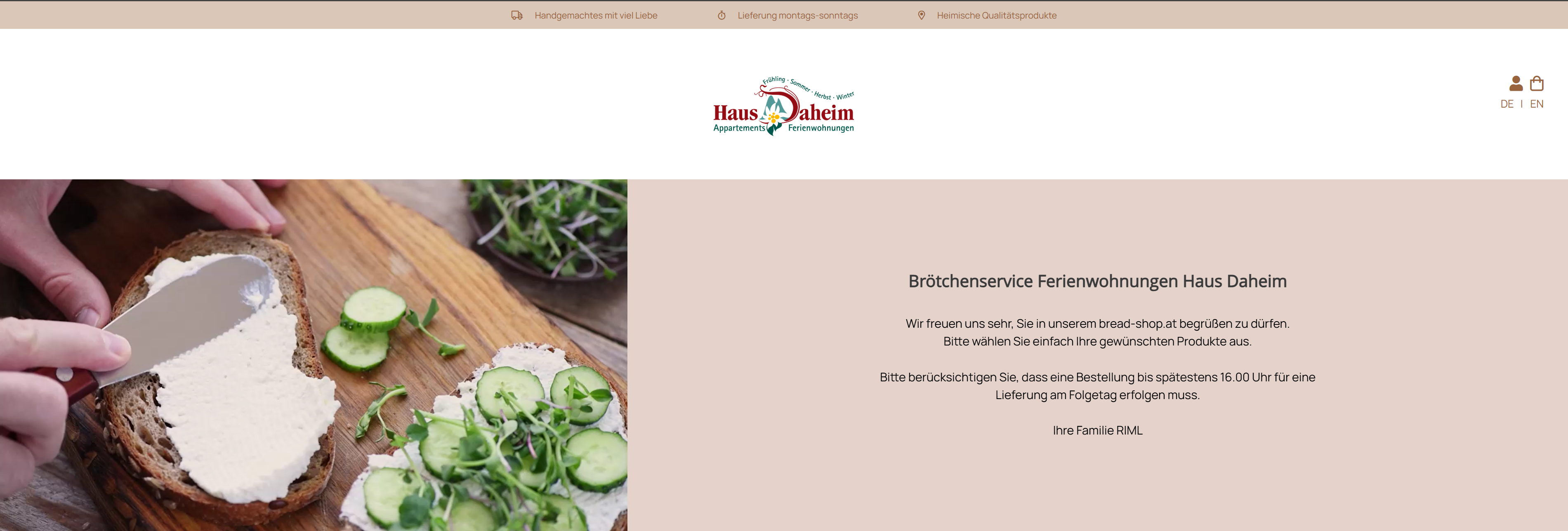 Shop-Ansicht mit Logo und Begrüßung des Betriebs Haus Daheim