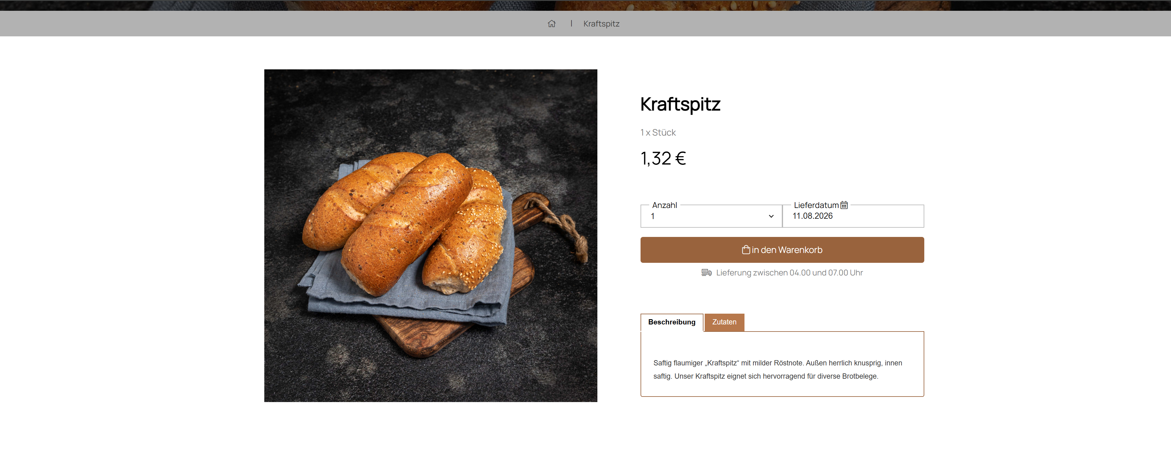 Produktseite Kraftspitz mit Anzahl, Lieferdatum und Warenkorb