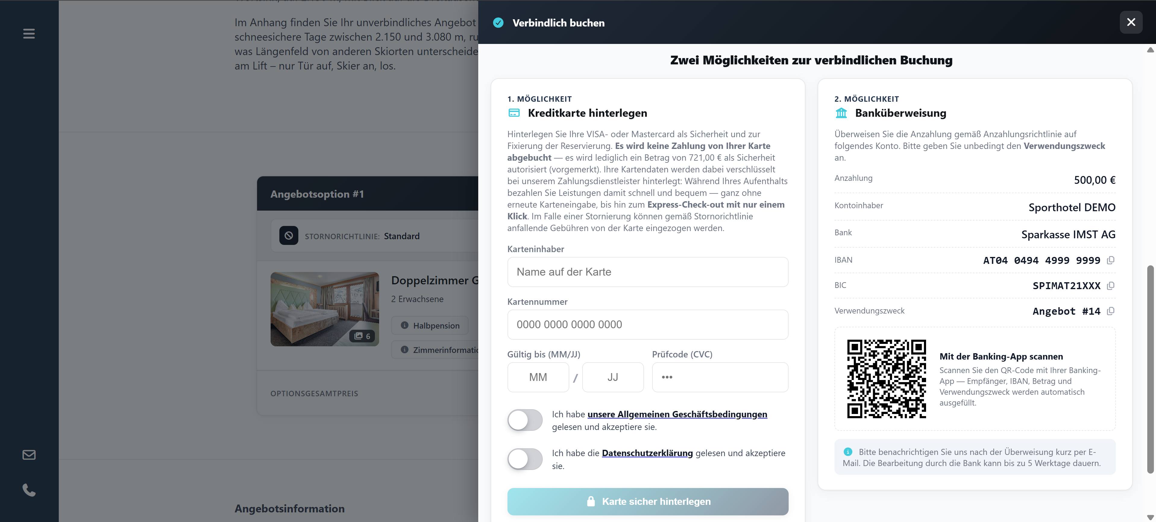Verbindlich buchen — Kreditkarte hinterlegen oder Banküberweisung